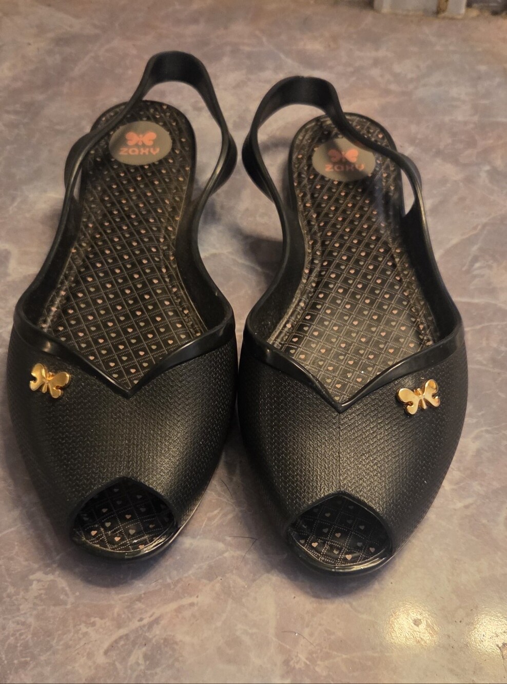 Black Zory Peep-Toe Slingback Sandals with Gold Butterfly Accent